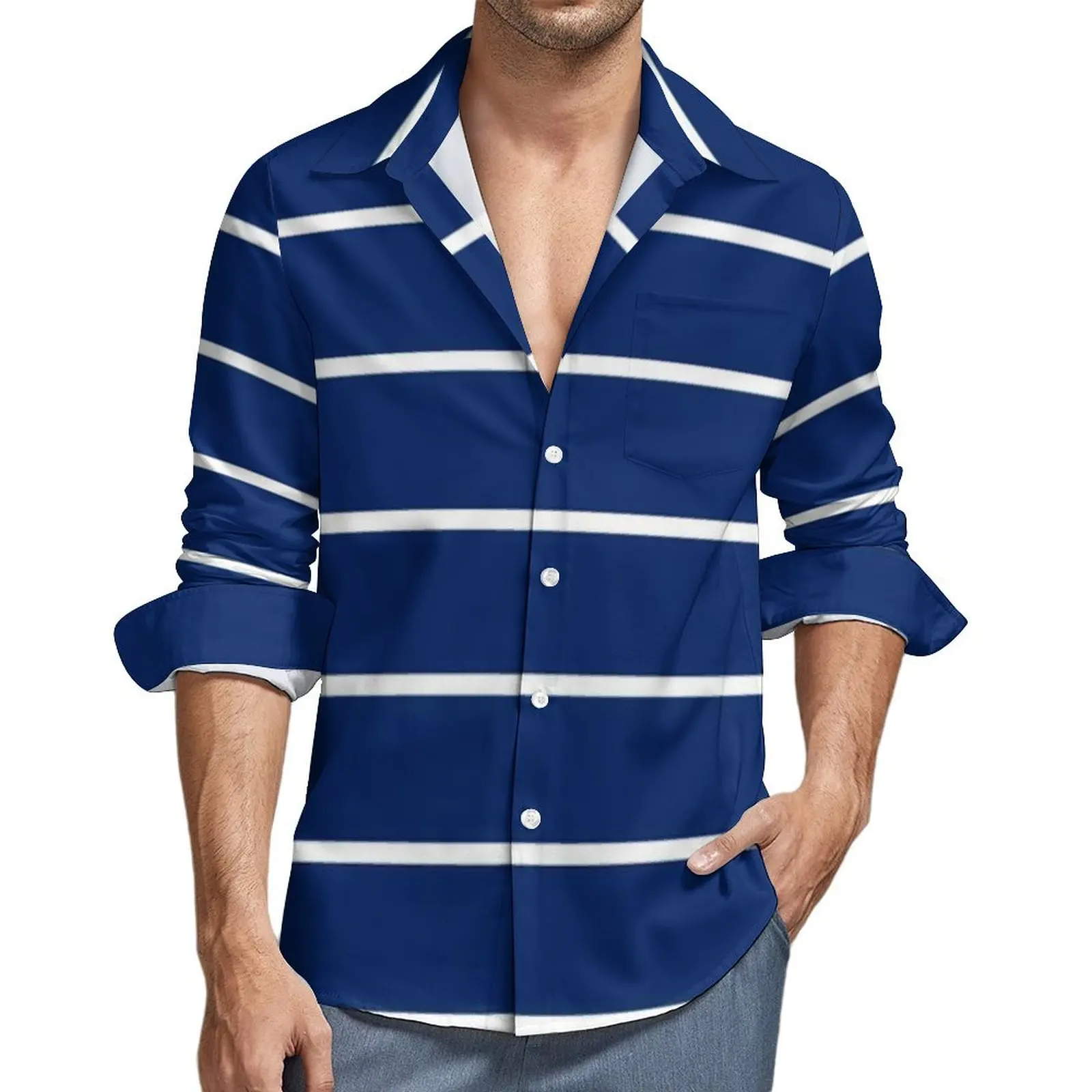 

Морская синяя блузка мужская белая полосатая рубашка с принтом с длинным рукавом классный уличный стиль повседневные рубашки осенний топ с графикой размера плюс 4XL
