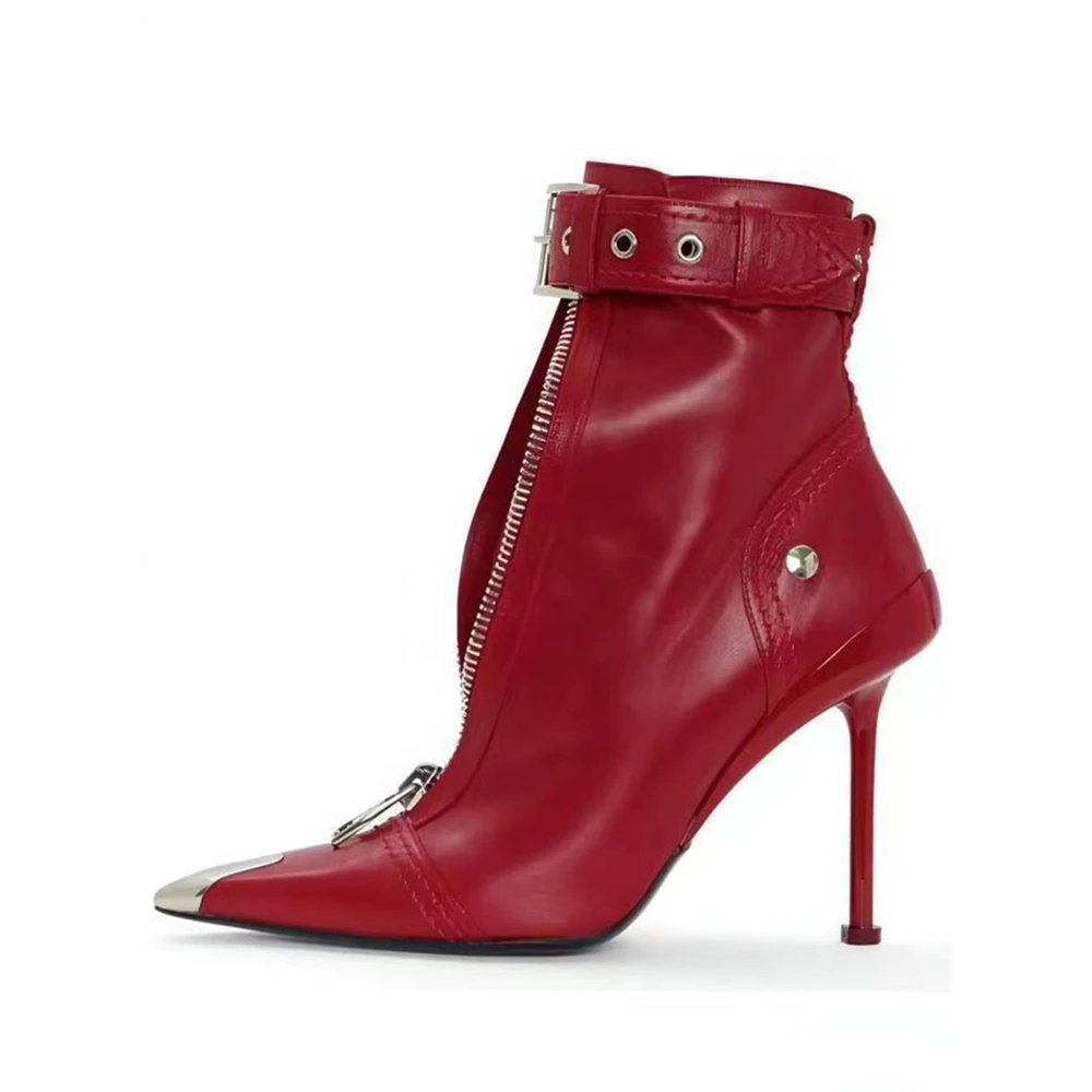 Women Fashion Iron Head Pointed Toe Metal Rivet High Heels Genuine Leather Ankle Boots Zipper Stiletto Women Summer Short Boots
Women Fashion Iron Head Pointed Toe Metal Rivet High Heels Genuine Leather Ankle Boots Zipper Stiletto Women Summer Short Boots
