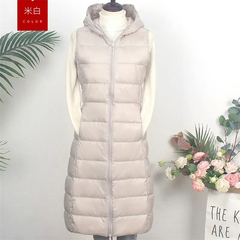 

Sanishroly Autumn Winter Women Hooded Waistcoat Ultra Light White Duck Down Vest Parka Female Long Sleeveless Vest Tops SE1107