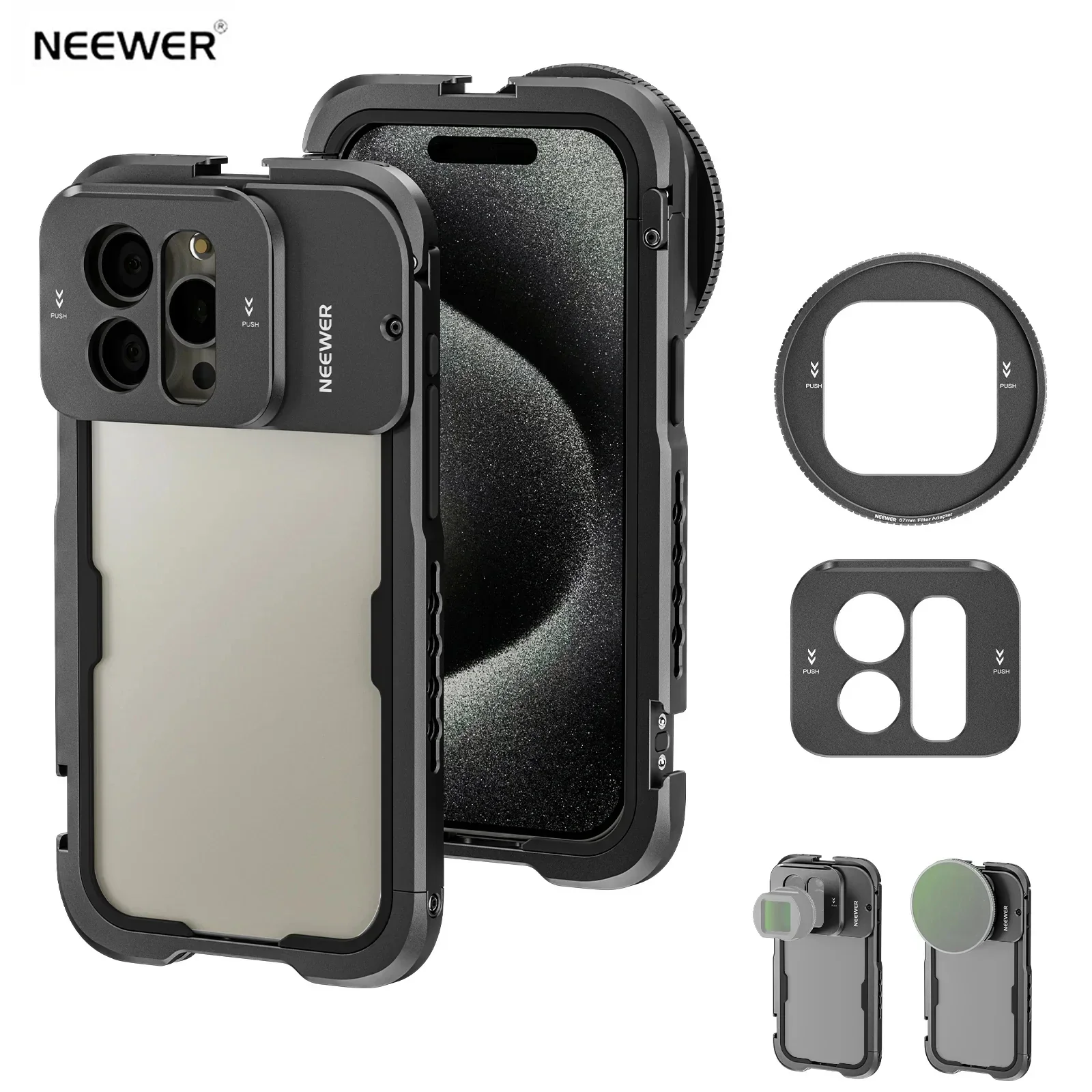 

NEEWER PA023 Metal Cage For iPhone 15 Pro / for iPhone 15 Pro Max Install with a Single Push Easily Attached 67mm Filter Adapter