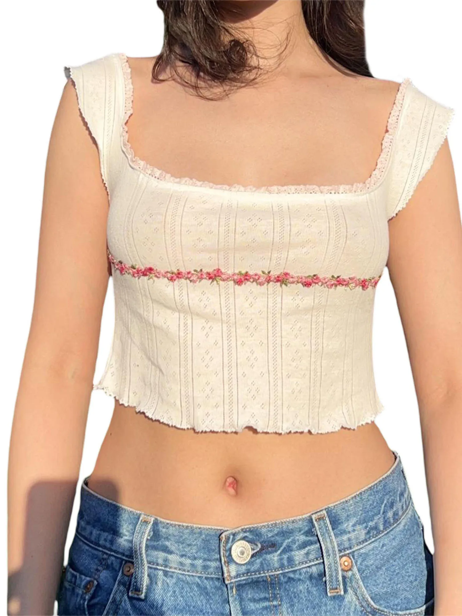 

Women s Floral Lace Trimmed Sleeveless Crop Tops with Square Neckline for Summer Fashion