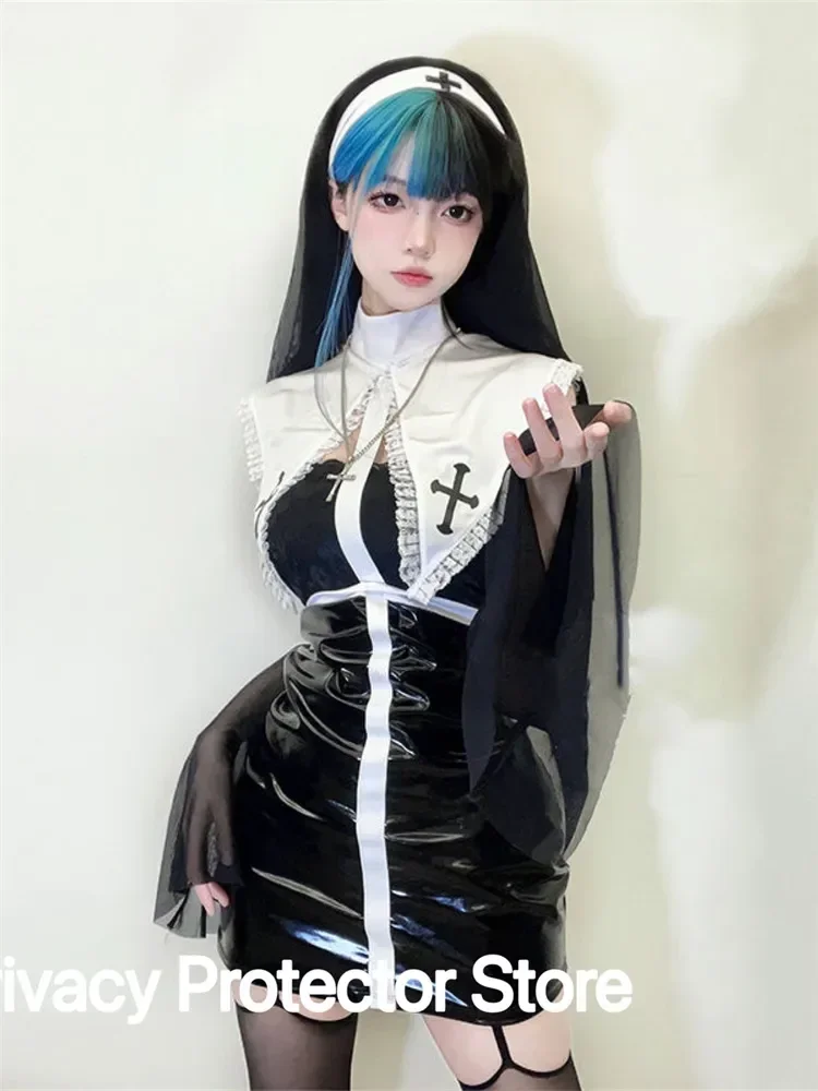 

Nun Cosplay Costume Women Fancy Dress Set Halloween Party Role play Outfit Adult Sisters Dress Black Fancy Cosplay Dress Up Plus