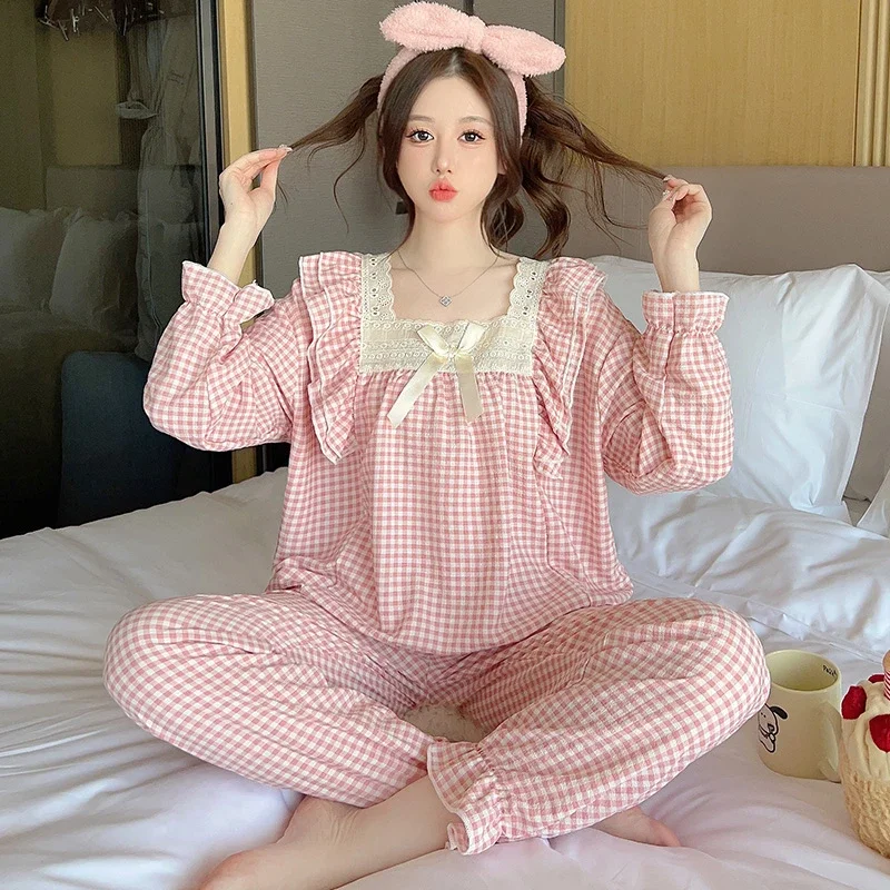 

2024 New Plus Size Pajama Mujer Cherry Print Sleepwear Set Long Sleeve Top+Pants Ruffle Homewear Skin-Friendly Breathable