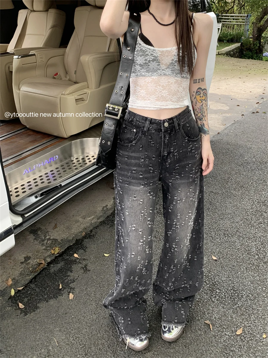 

Slergiri Vintage Hole Raw Trim Y2k Baggy Jeans Women Streetwear High-waisted Loose Washed Straight Wide-leg Denim Pants