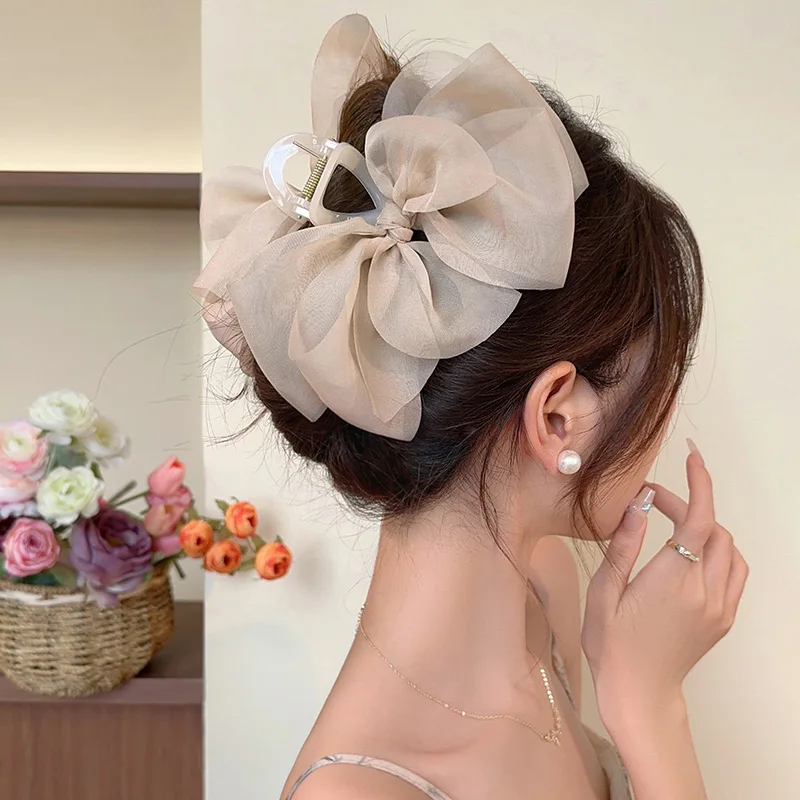 

13CM Woman Large Two-sided Gauze Bowknot Hair Claws Lady Solid Color Hairpins Barrettes Gilrs SGilrs Hair Clips Hair Accessories