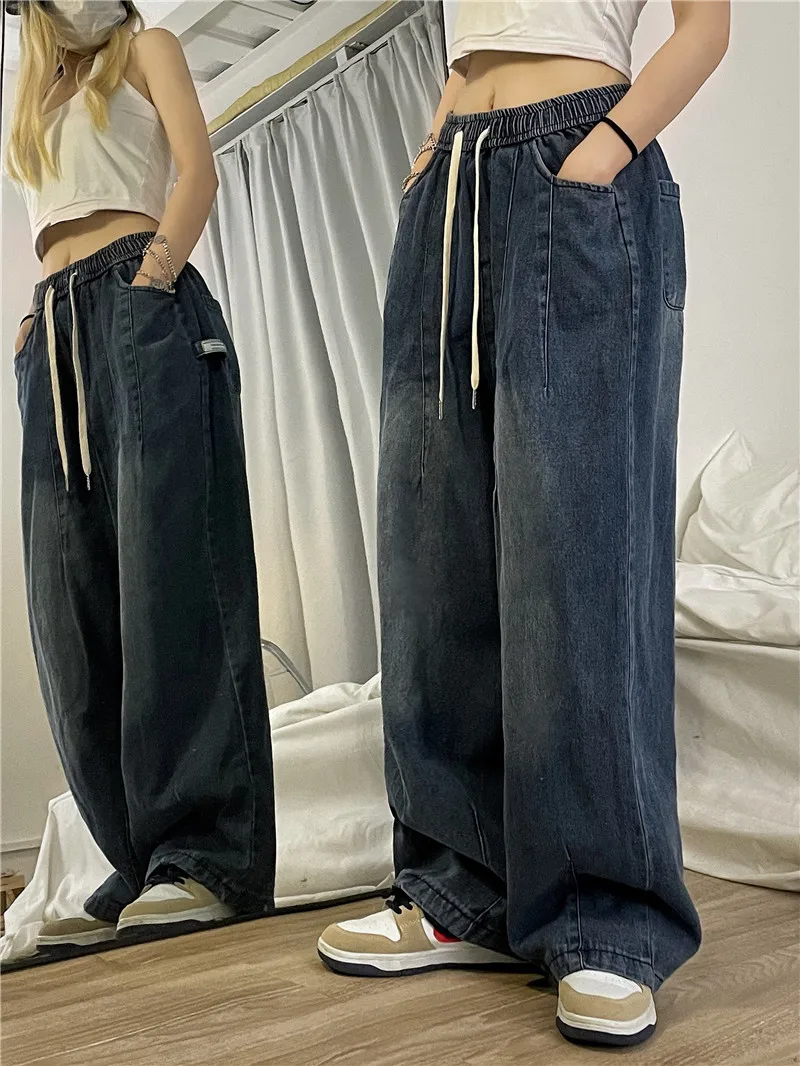 

2023 Women Casual Baggy Pants Loose Wide-Leg Full Length Trousers Pantalones Jeans New Fall High-Waisted Floor-Length Bloomers