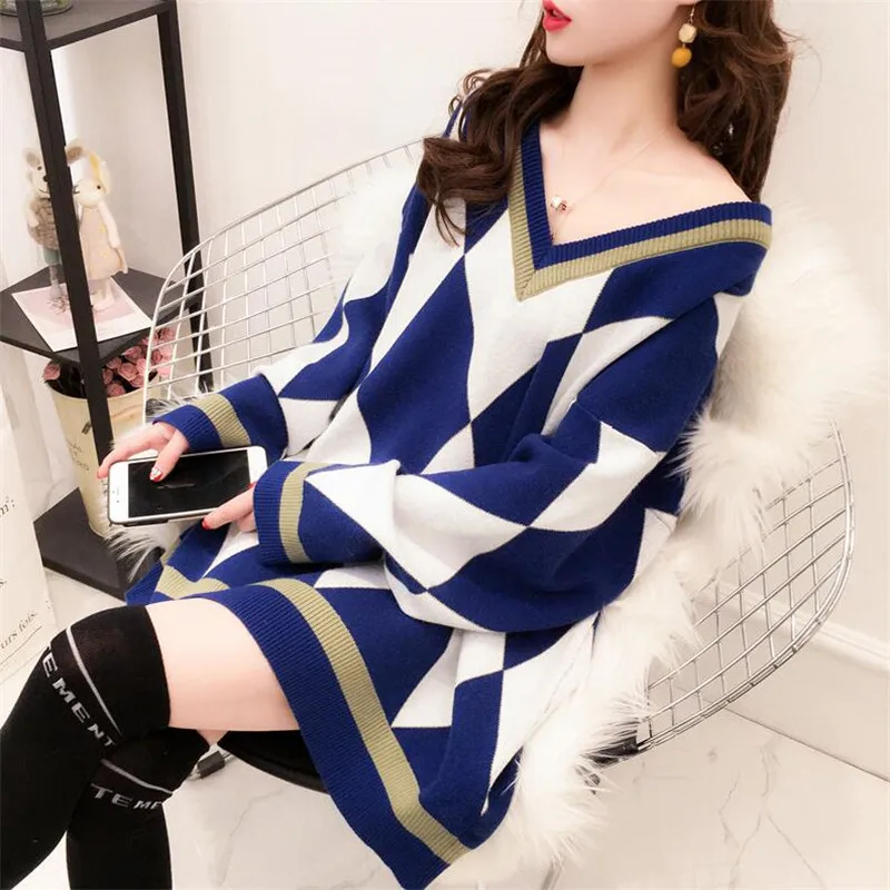 2022 Autumn Winter Oversized V-neck Diamond Plaid Sweater Female Korean Loose Long Sleeve Knitted Pullover Tops Outwear Hot Sale
2022 Autumn Winter Oversized V-neck Diamond Plaid Sweater Female Korean Loose Long Sleeve Knitted Pullover Tops Outwear Hot Sale