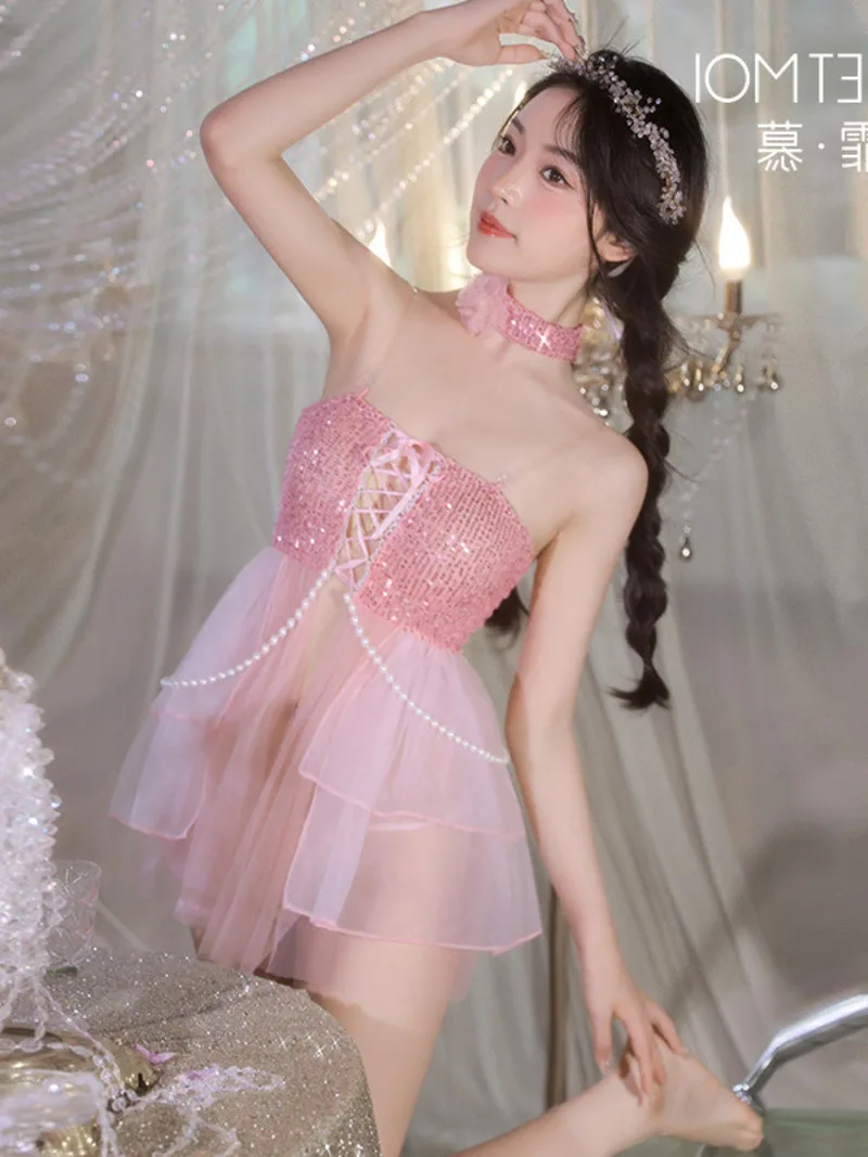 

Dress Pink Sweet Mini Sequins Pearl Chain Embellished Peach Princess Dresses Sexy Uniform Sexy Dress Elegant Fashion Mesh 28Y8