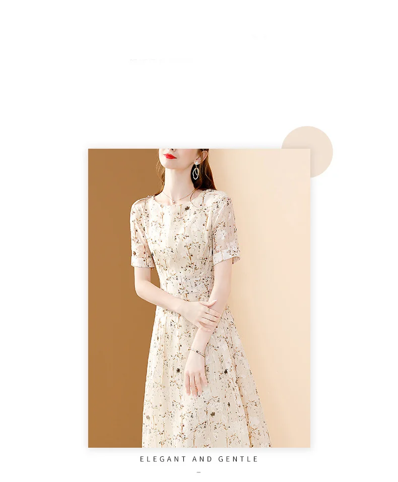 EVNISI Chic Floral Printing Women Chiffon Dress O-Neck Elegant Apricot Office A-LINE Dresses Fairy For Women Slim Party Vestido EVNISI Chic Floral Printing Women Chiffon Dress O-Neck Elegant Apricot Office A-LINE Dresses Fairy For Women Slim Party Vestido