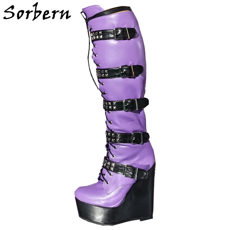 

Sorbern Knee High Wedges Boots Rivets Buckle Straps Fashion Purple Black Boots With Platform Hot Sale Boots