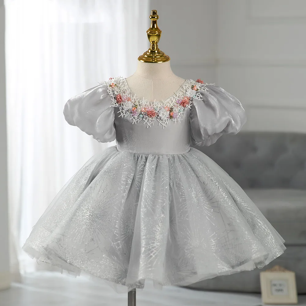 

2023 Princess Party Dress for Baby Girls Kids Sequined Flower Appliques Plain Ball Gowns Children Christening Baptism Dresses