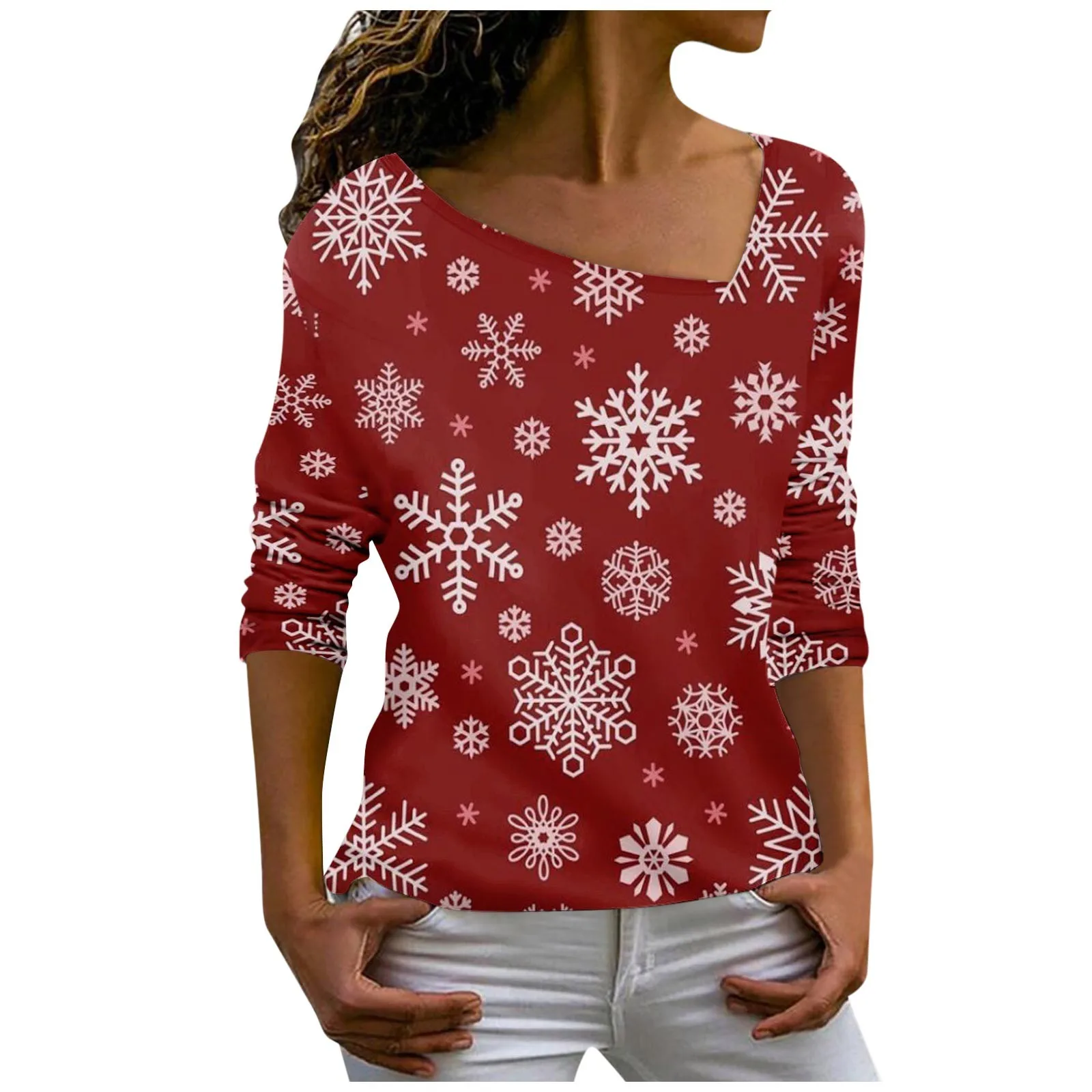 

Skew Collar T Shirt Long Sleeves Slim Fit Christmas Tops Women Snowflake Print Casual Pullover Top Female Clothing 2023 New