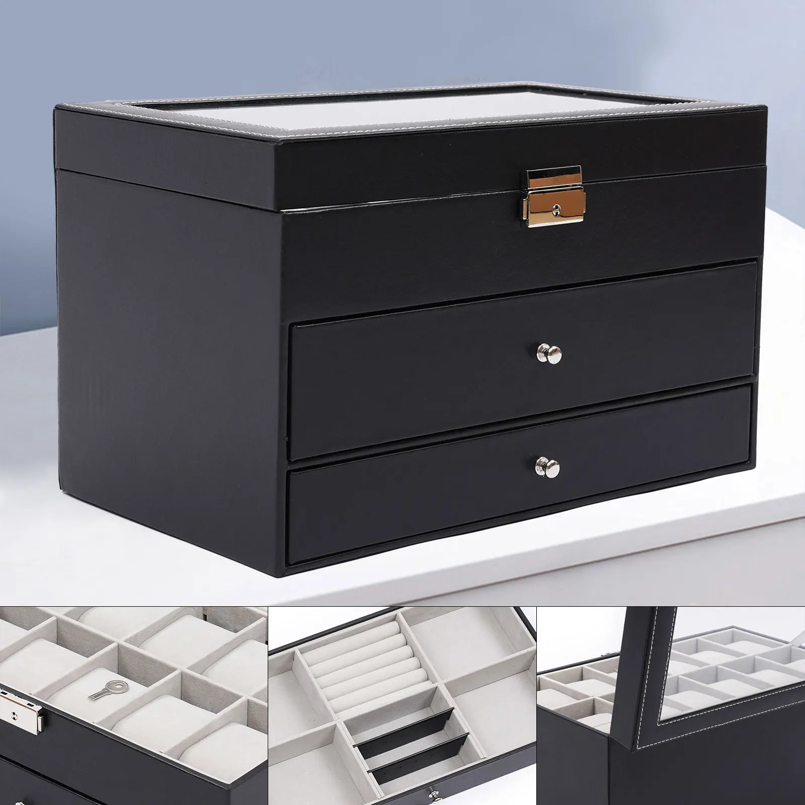 3 Layer Black Leather Watch And Eyeglasses&Sunglasses Box Mens Womens Jewelry Organizer Necklace Ring Earring Storage
3 Layer Black Leather Watch And Eyeglasses&Sunglasses Box Mens Womens Jewelry Organizer Necklace Ring Earring Storage