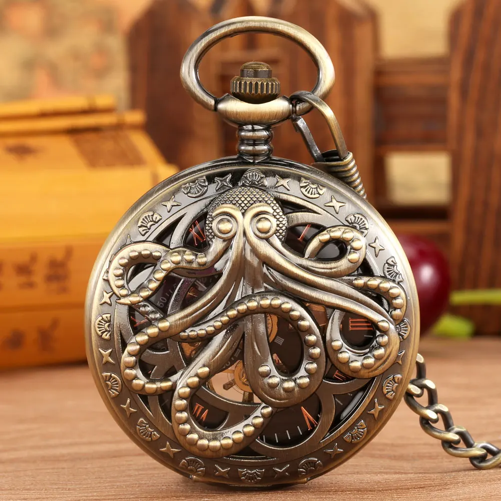 

Octopus Pattern Mechanical Pocket Watch Men Half Hunter Pocket Chain Pendant Hand Winding Clock Roman Numerals Dial Xmas Gift