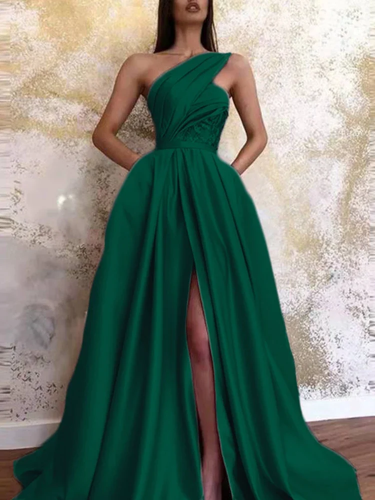 

2024 New Women Elegant One-shoulder Sleeveless Dress Boho Sexy Skew Collar Long Party Dress Spring Solid Satin Slit Maxi Dress