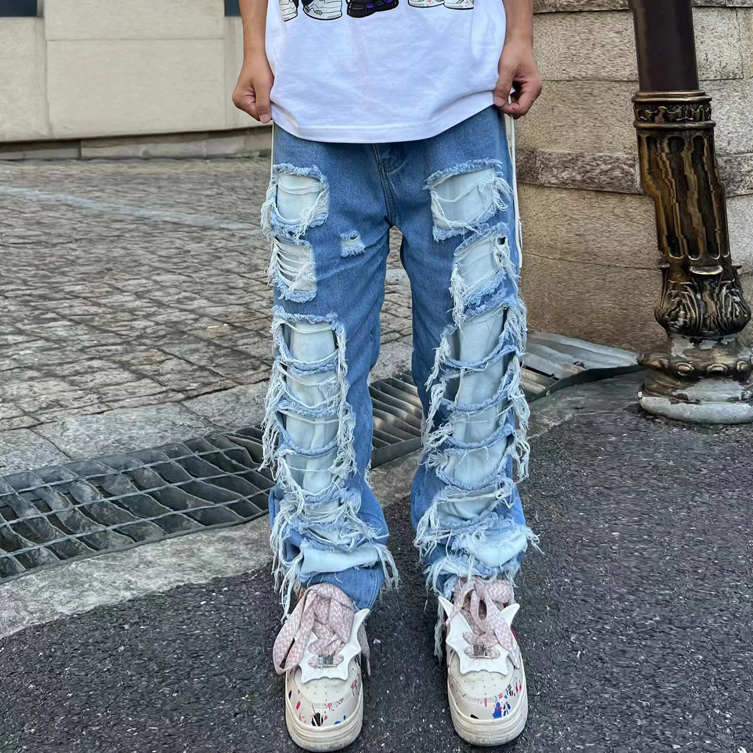 

Y2k Pleated Baggy Ripped Straight Jeans Men's Washed Torn Distressed Streetwear Hip Hop Destroyed Biker Jeans Pants for Male