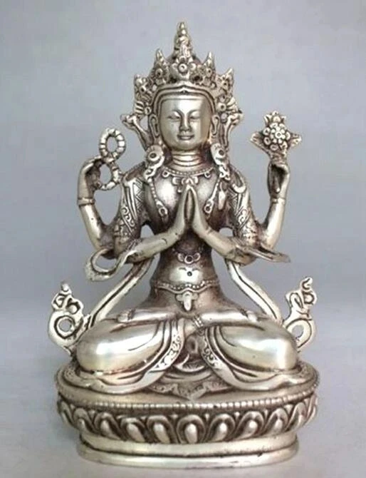 

Copper Statue Tibet Buddhism Silver Bodhisattva Four-armed Avalokiteshvara Buddha Statue 14cm height