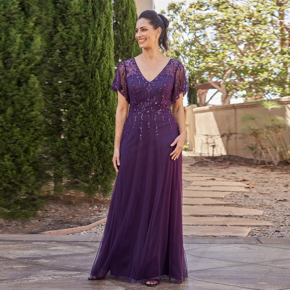 Gorgeous Half Sleeve Mother of Bride Dresses with Beading Sequined Purple Soft Tulle Wedding Party Gowns Vestido De Noche
Gorgeous Half Sleeve Mother of Bride Dresses with Beading Sequined Purple Soft Tulle Wedding Party Gowns Vestido De Noche