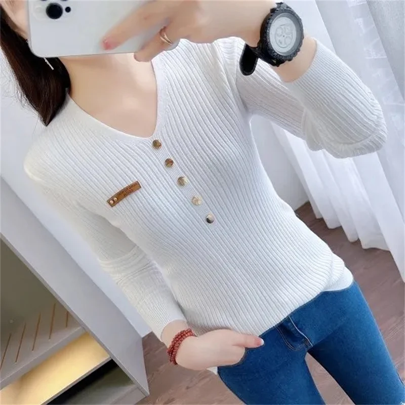 

Autumn Women Sweater Pullover V-neck Casual Long Sleeve Slim Korean Simple Basic Cheap Jumper Solid Knitwear Tops Female
