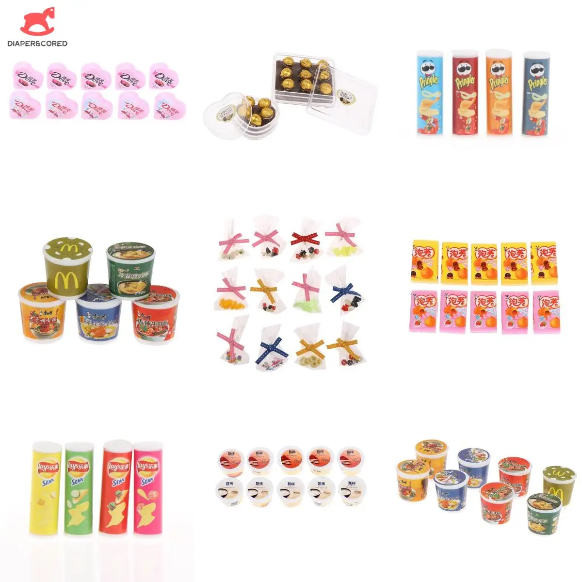 

1/4/5Pcs/set 1:12 Dolls Food, Cake Snack, Potato Chips, Chocolate, Instant Noodles, Puff Biscuits, Ice Cream Decor Accessories
