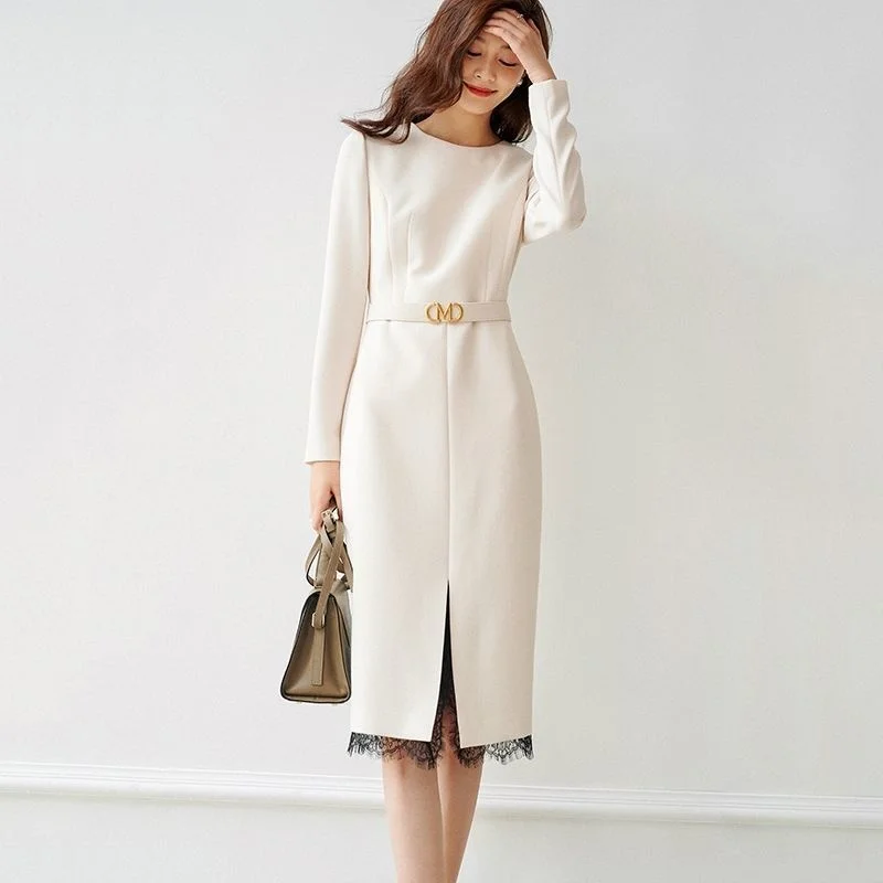 

OL Commuter White Work Dress O Neck Business Elegant Femininity Autumn 2022 New Lace Splicing Lace Skirt Streetwear Korean Midi