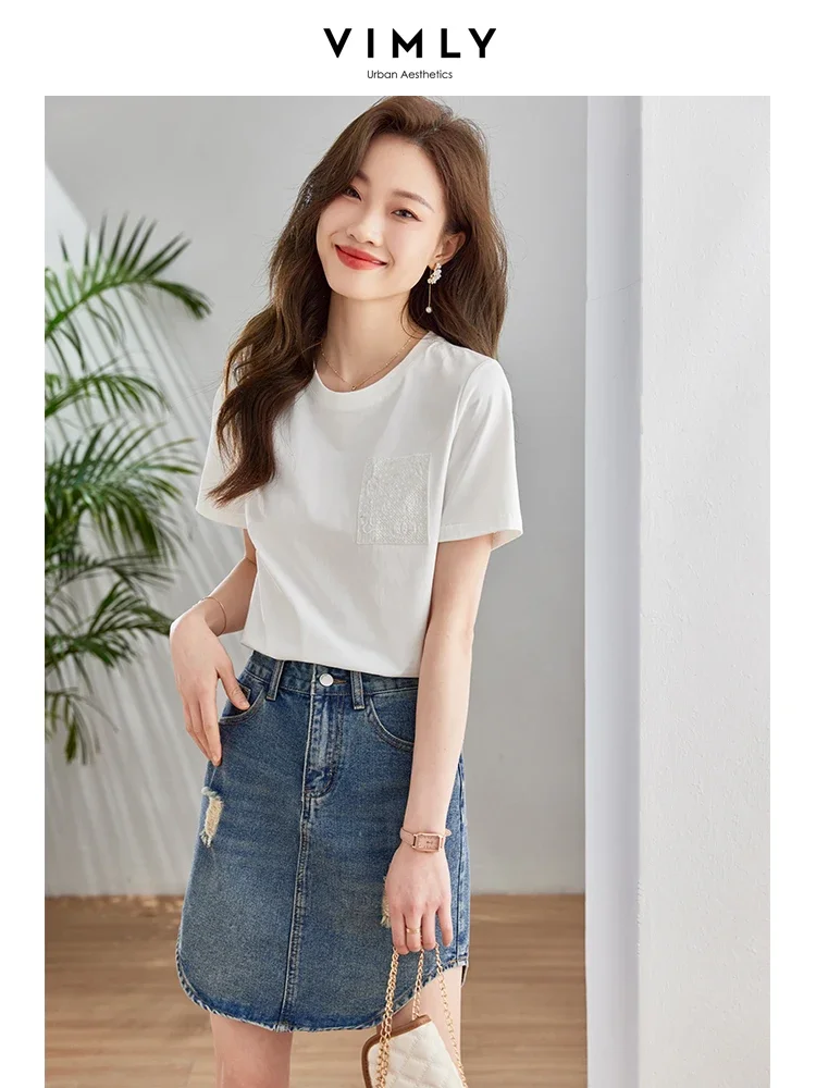 

Vimly Casual Knitting Cotton White T-shirts for Women 2023 Summer Straight Loose Top Round Neck Short Sleeve Base Tee Shirts