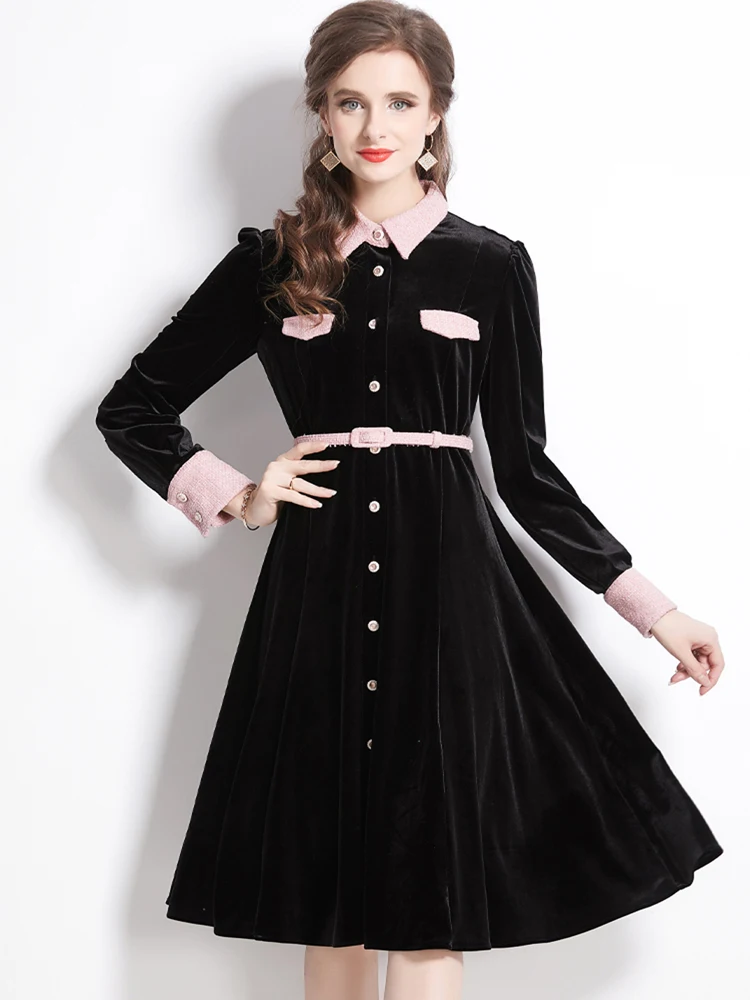 

Модное дизайнерское элегантное черное бархатное женское платье с лацканами, женское однобортное повседневное элегантное платье с высокой талией, платье