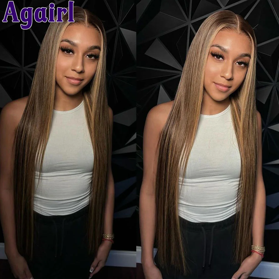 

34" Highlight Honey Blonde Brown Straight 13X4 Glueless Front Human Hair Wigs PrePlucked Wear Go 5X5 Lace Closure Wigs for Women