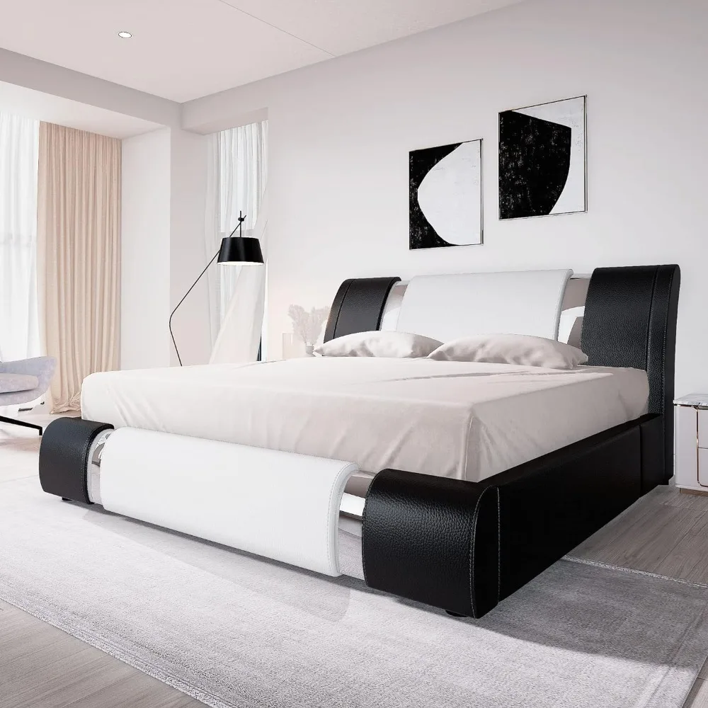 Queen Bed Frame with Iron Piece Decor, Faux Leather Upholstered Platform Bed with Adjustable Headboard, No Box Spring Needed
Queen Bed Frame with Iron Piece Decor, Faux Leather Upholstered Platform Bed with Adjustable Headboard, No Box Spring Needed
