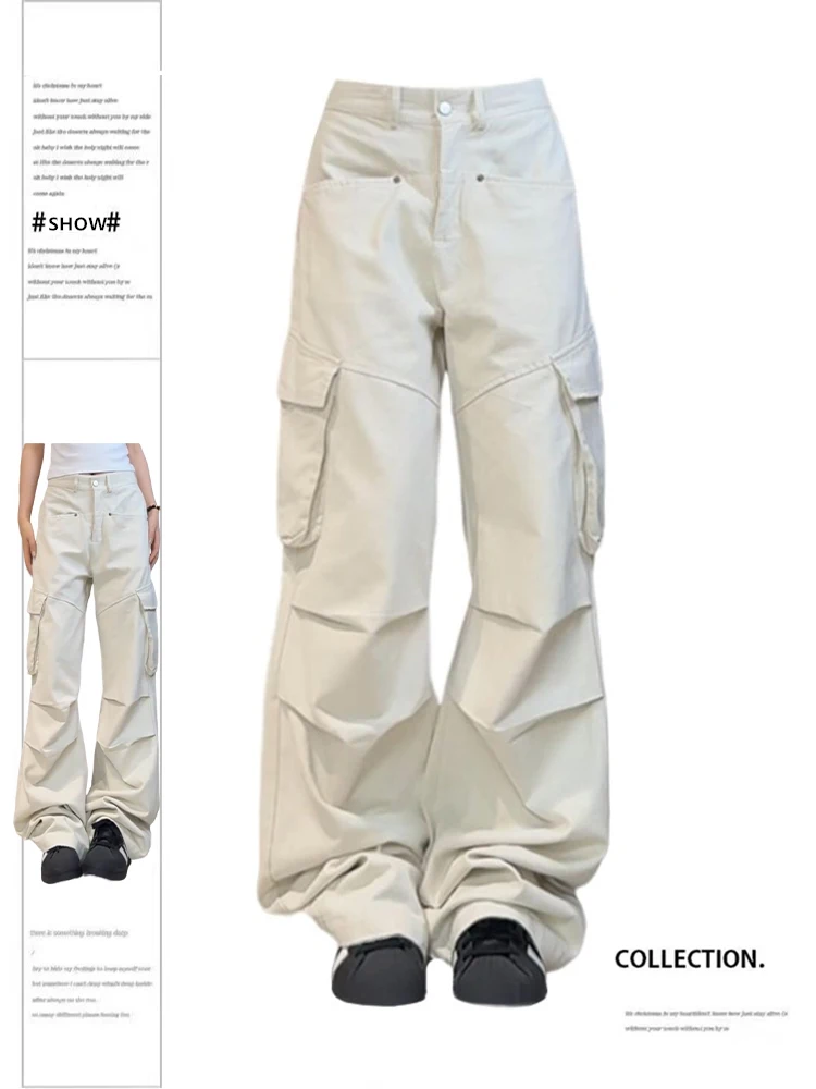 

Женские брюки-карго в стиле Харадзюку, белые винтажные широкие брюки с высокой талией, парашютные брюки, одежда в стиле 1920-х, Y2k