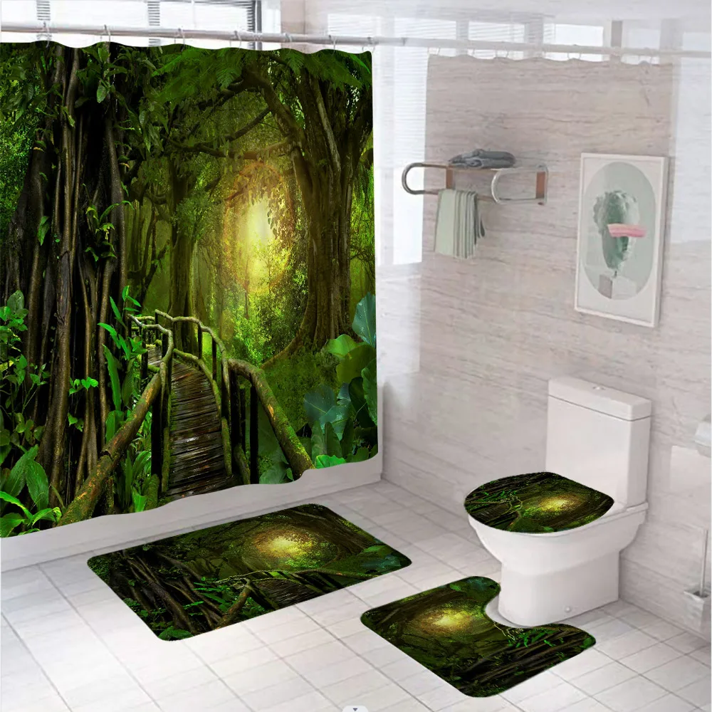 

Jungle Scenery Shower Curtain Sets Tropical Primary Forest Wooden Bridge Bathroom Decor Curtains With Rug Toilet Cover Bath Mats