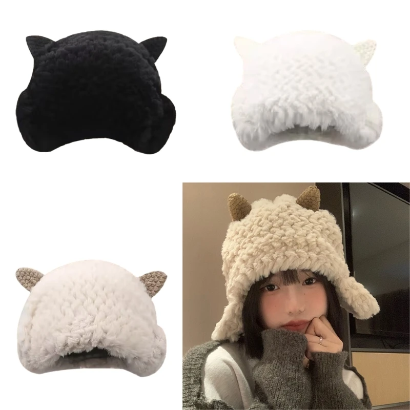 

Lovely Cartoon Sheep Ear Women Girls Winter Windproof Ear Flap Bonnet Hat Lady Furry Plush Outdoor Cold Weather Pullover Hat