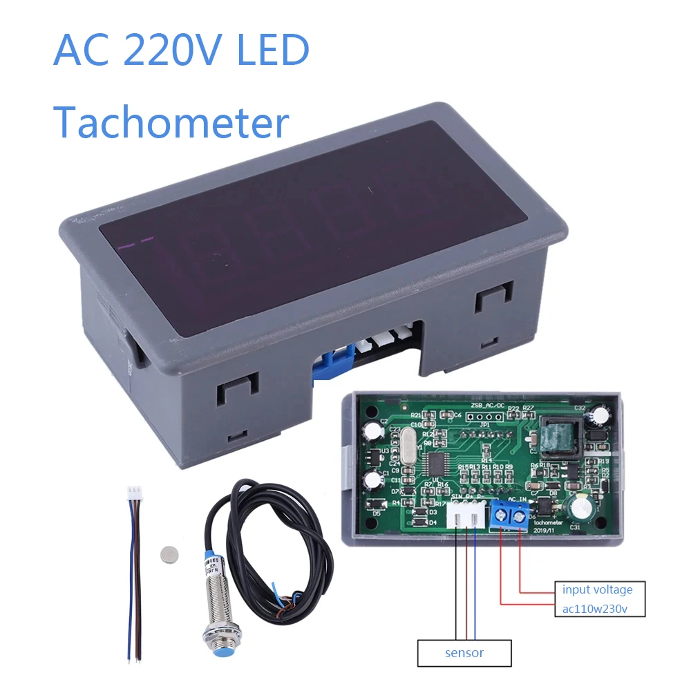 

220V 110V AC Tachometer 4-Digit LED Digital Display Motor Tachometer With Hall Sensor Magnet