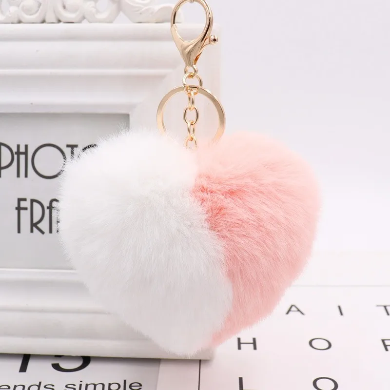 

Color matching love bag pendant peach heart key chain imitation Rex rabbit heart shape hair ball pendant fur car key chain