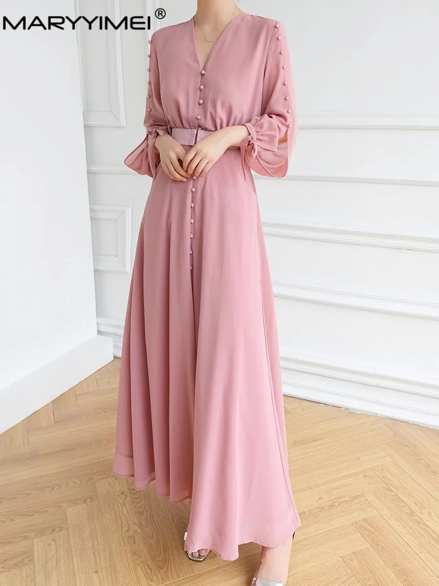 MARYYIMEI Fashion Designer Autumn Women's dress V-neck Long sleeved Single breasted Slim Elegant Pink Dresses
MARYYIMEI Fashion Designer Autumn Women's dress V-neck Long sleeved Single breasted Slim Elegant Pink Dresses