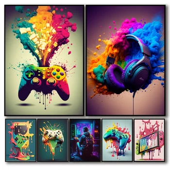 북유럽 미학 벽 예술 다채로운 게임 컨트롤러의 HD 오일 캔버스 포스터와 프린트 Esports 룸 소년 침실 장식