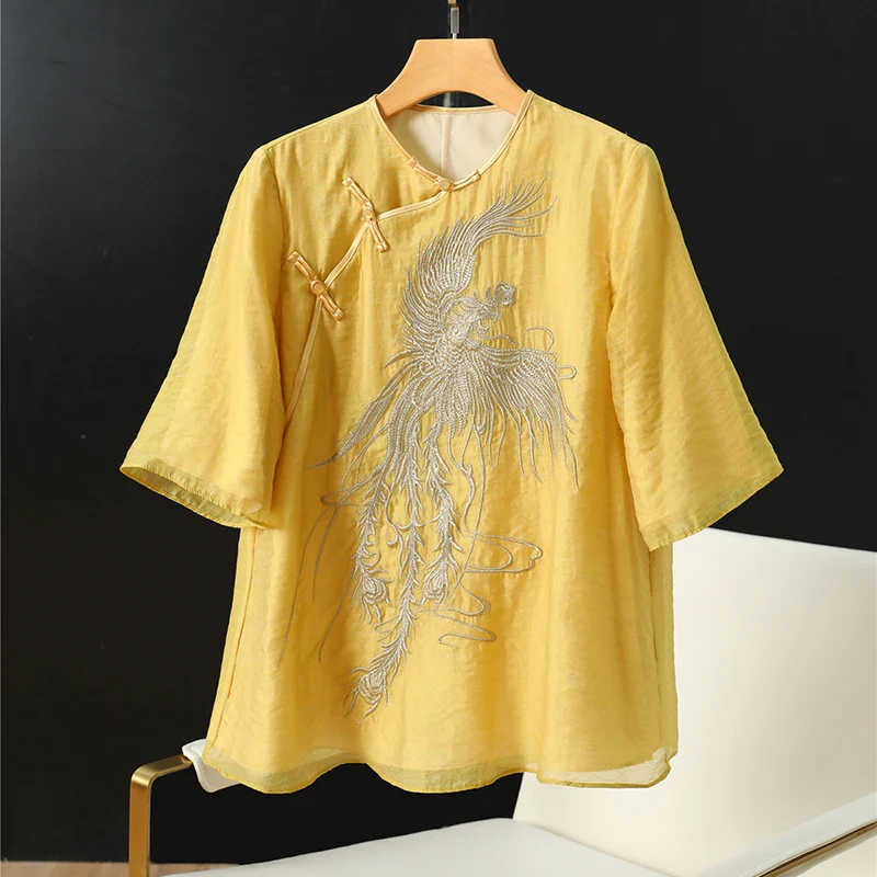 Fashionable New O-Neck Chinese Style Single-Breasted Phoenix Embroidery Top Women's Summer Half Sleeve Loose Lady Shirt S-XXL
Fashionable New O-Neck Chinese Style Single-Breasted Phoenix Embroidery Top Women's Summer Half Sleeve Loose Lady Shirt S-XXL