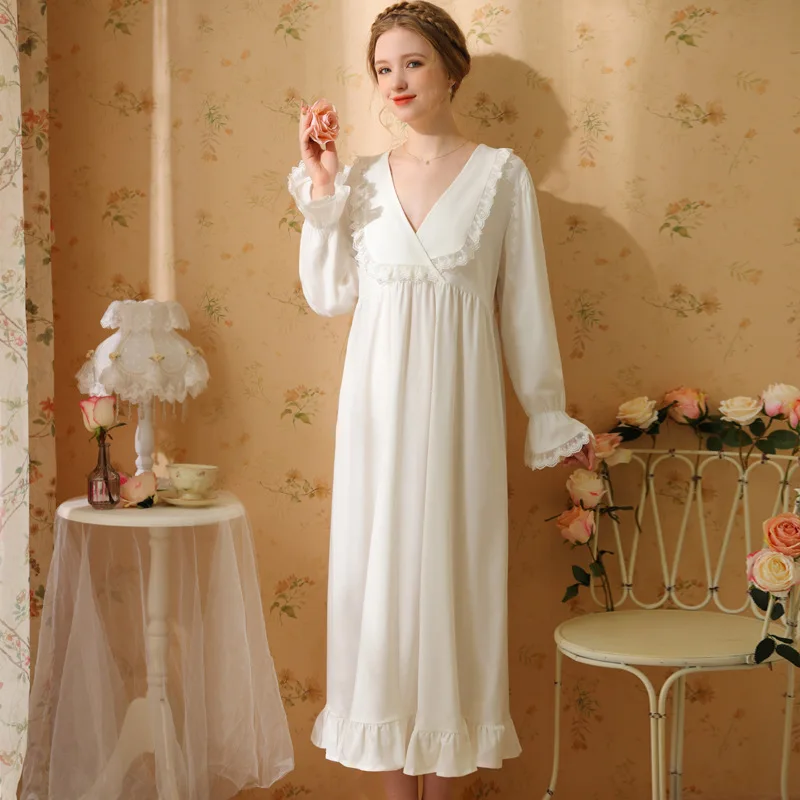 

Женская длинная ночная рубашка, белая ночная сорочка из хлопка с V-образным вырезом, домашняя одежда, FG606, для осени, 2023