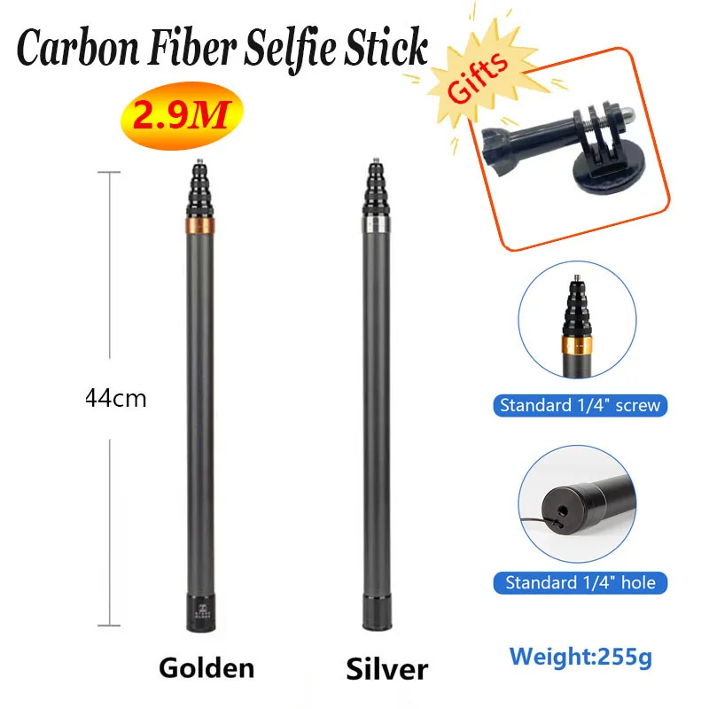 

2.9m Carbon Fiber Extended Selfie Stick for Insta360 X3/One X2/R Invisible Selfie Sticks for Gopro 11 DJI Action 4 Cameras Parts