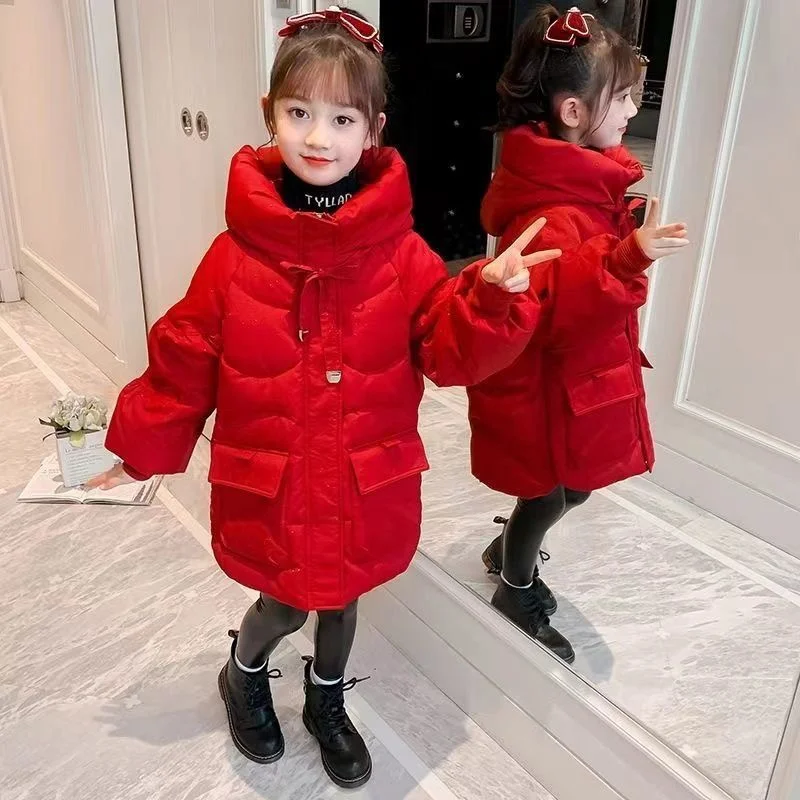 

Пуховик для девочек, хлопковая ветровка, 2023 красная теплая Утепленная зимняя верхняя одежда из плотного бархата, детская одежда