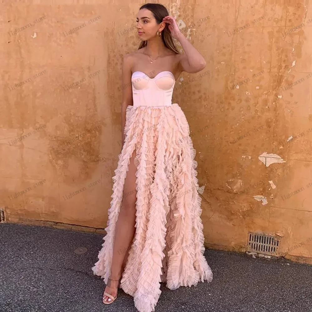 

Pretty Evening Dresses Pink A-Line Tulle Tiered Prom Dress Sexy Strapless High Slit Backless Robes Elegant Vestidos De Gala 2024