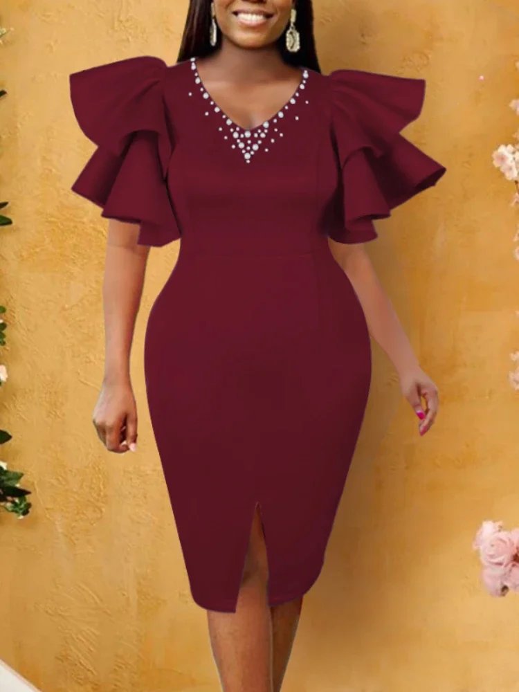 

Elegant Women Plus Size Party Dress Beaded V Neck Ruffle Sleeve Bodycon Dress Burgundy Classy Evening Dinner Birthday Outfits
