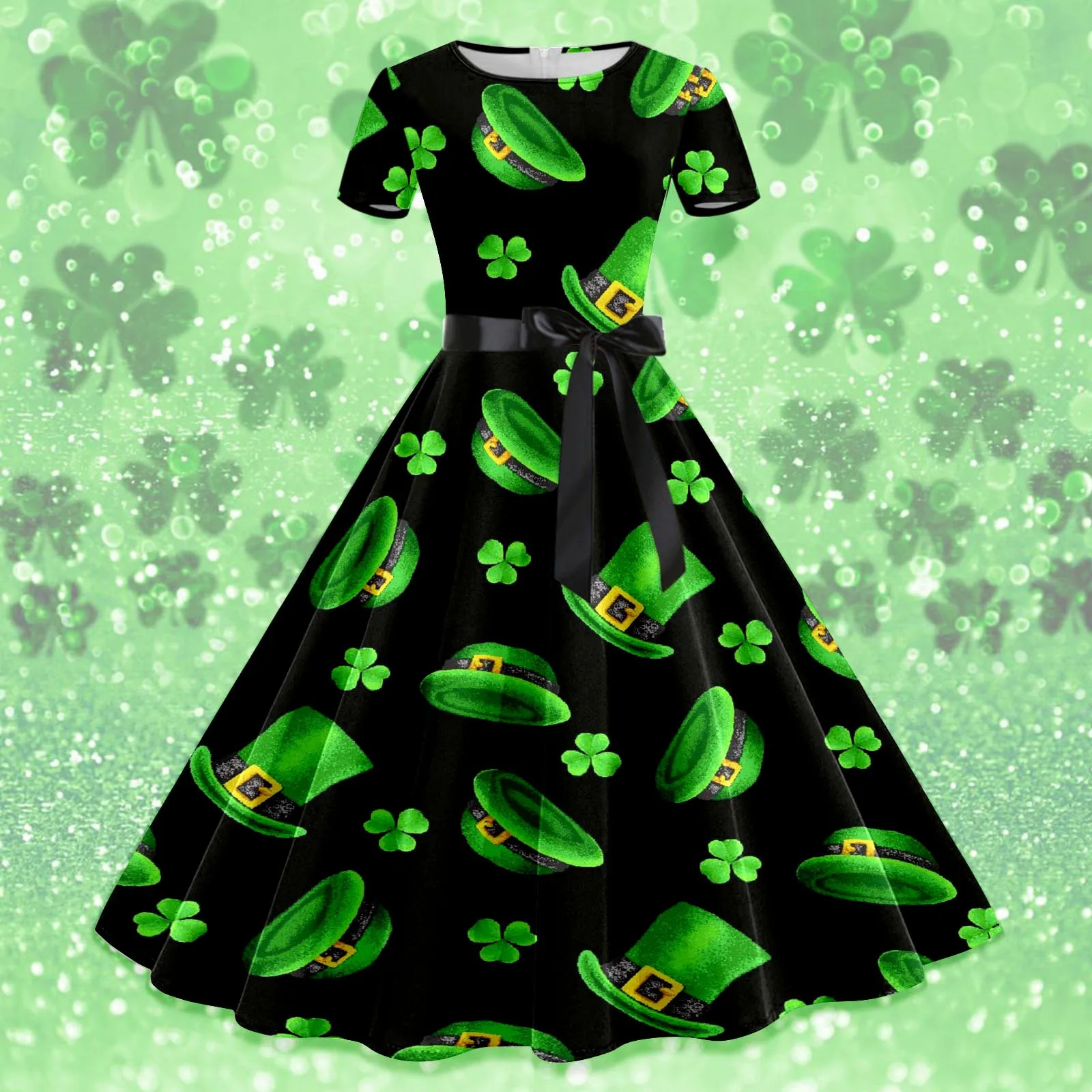 3.17 Happy St. Patrick's Day Print Dress Clover Ireland Hat Print Knee Length Dress O-Neck Short Sleeve Swing Dresses With Belt
3.17 Happy St. Patrick's Day Print Dress Clover Ireland Hat Print Knee Length Dress O-Neck Short Sleeve Swing Dresses With Belt