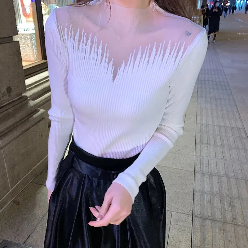 

European Pink Sweater Women's Standing Neck Pullover Sexy Perspective Mesh Splice Knitted Bottom Shirt Autumn/Winter Top