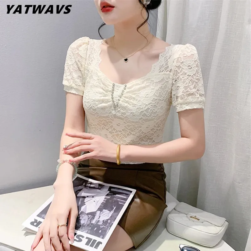 

2024 Summer New Sexy Square Collar Diamonds Lace T-shirt Women's Stretchy Slim Tops Fashion Puff Short Sleeved Tees Blusas