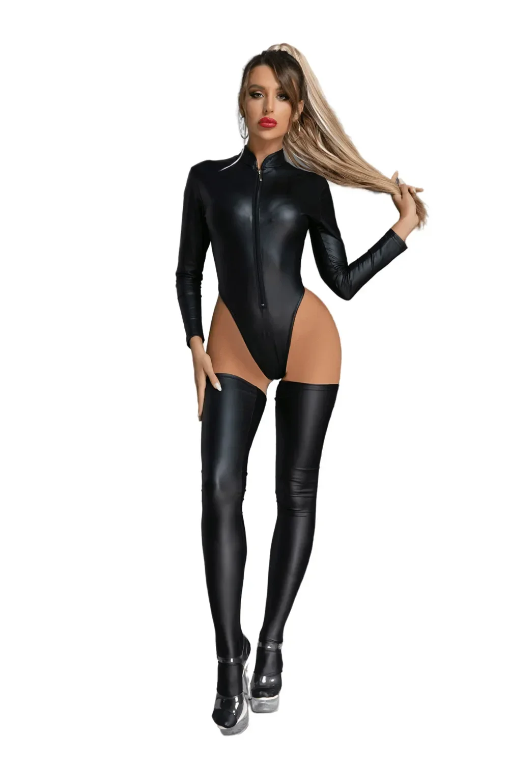 

Women Shiny Leather Bodysuit Zipper Open Breast Exposed Glossy PVC Leather Skinny Leotard Long Sleeve Shaping Latex Bodycon