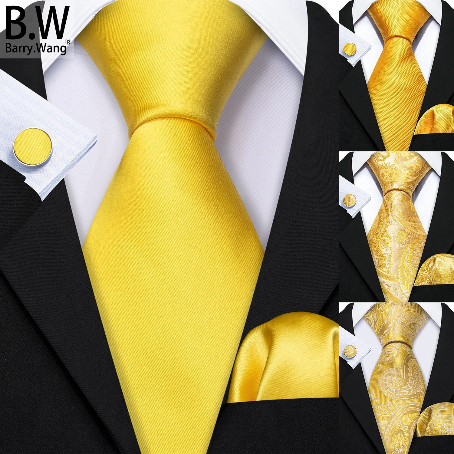 

Barry.Wang Lamon Yellow Gold Silk Men Tie Handkerchief Cufflink Set Jacquard Paisley Floral Necktie Male Wedding Business Party