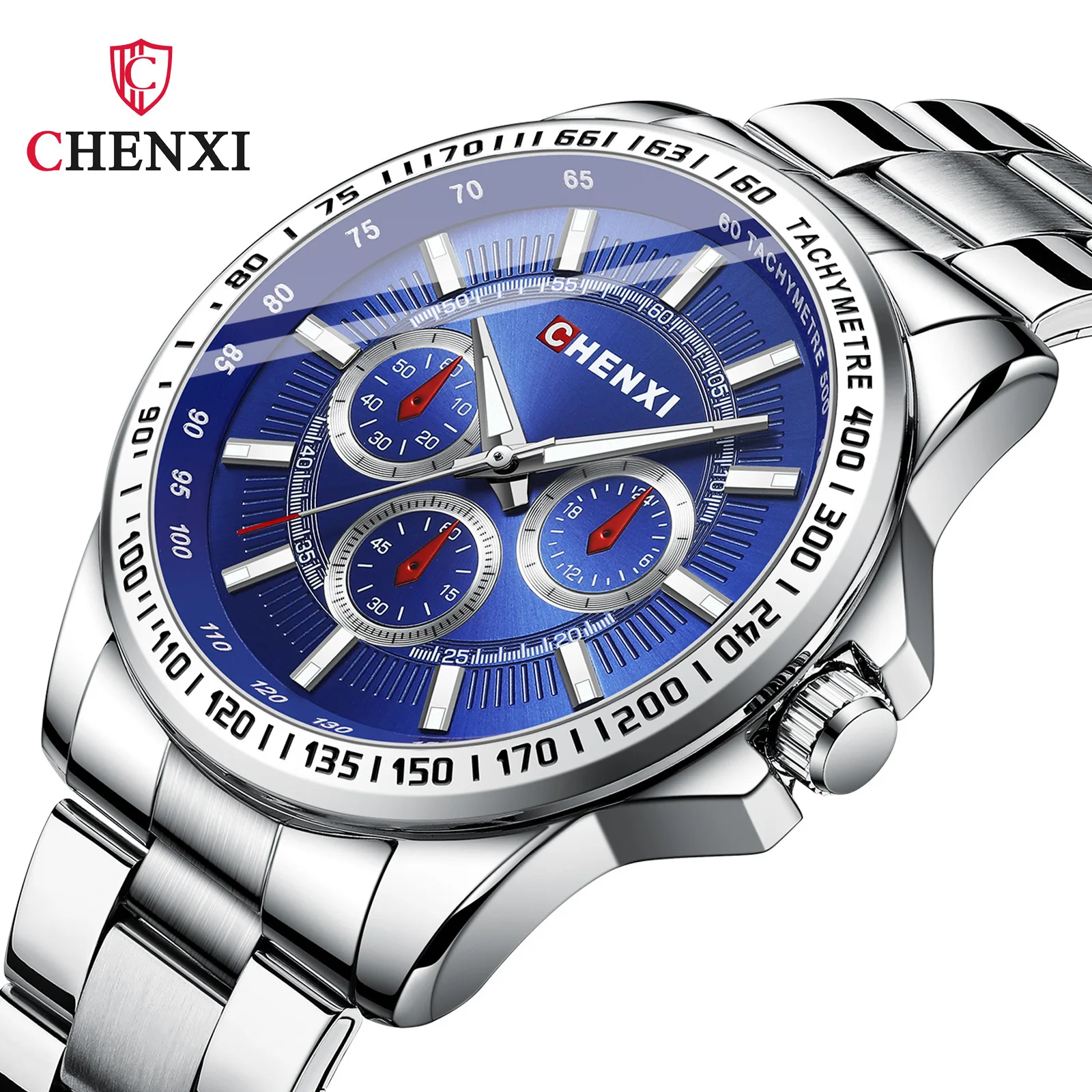 

CHENXI 014B Men's Quartz Watch Silvery Blue White Fashion Luxury Business Waterproof Wristwatch Stainless Steel Male Clock