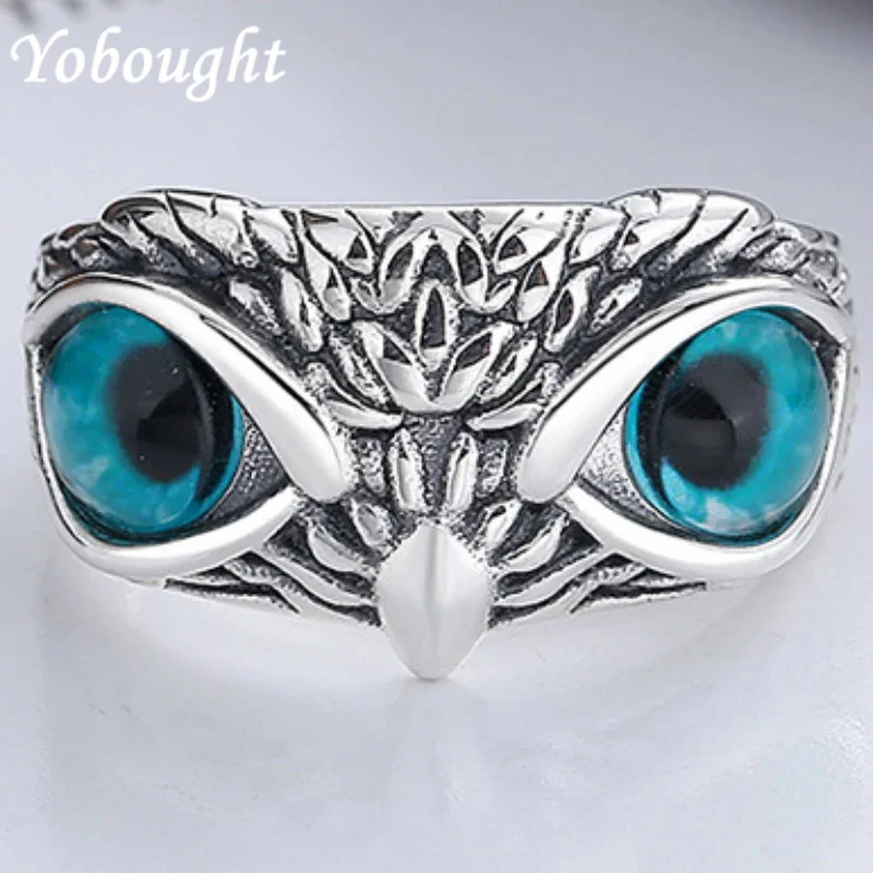 

S925 sterling silver vintage heavy industry light luxury Blue Eyed Owl 3D punk fashion Open ring