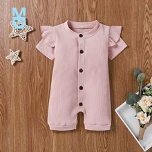 

New Toddler Summer Jumpsuits, Solid Color O-Neck Short Sleeves Button-Open Ribbed Rompers for Baby Girls, 0-18 Months